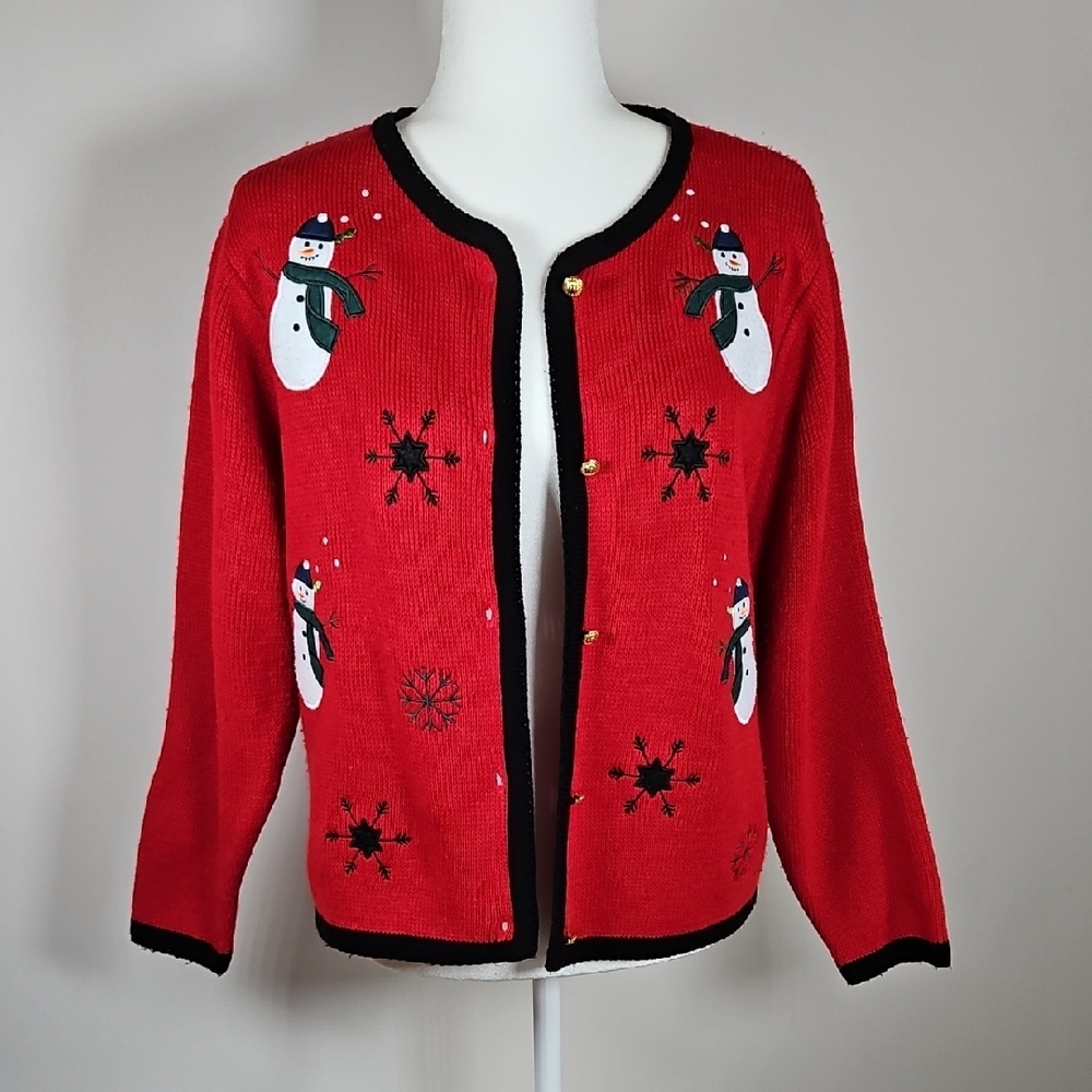 Croft & Barrow Knit Embroidered Cardigan Snowmen Snowflakes Red SP